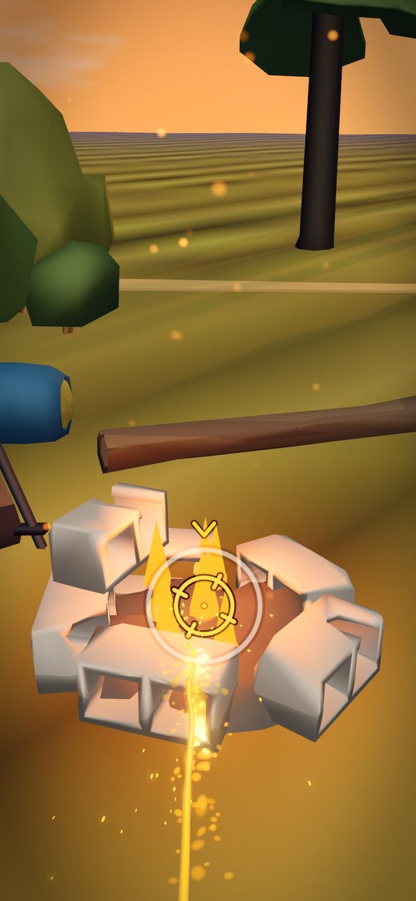 A campfire ringed with stones, a stream putting out the embers under a gold target ring