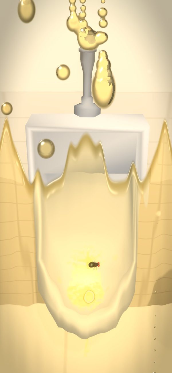 A golden film running down the camera lens over a urinal, drops chasing it